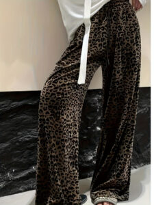 retro leopard print floss velvet casual pants for women, slim wide leg pants, niche design, straight loose trousers, spring and summer floor pants wide leg pants