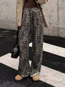 retro leopard print floss velvet casual pants for women, slim wide leg pants, niche design, straight loose trousers, spring and summer floor pants wide leg pants