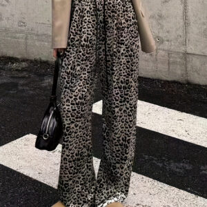 retro leopard print floss velvet casual pants for women, slim wide leg pants, niche design, straight loose trousers, spring and summer floor pants wide leg pants