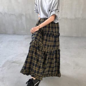 women elastic waist plaid ruffled hem loose long casual a line skirt